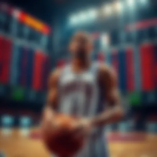 A basketball player preparing for a two-leg bet strategy on NBA games, surrounded by game stats and betting lines.