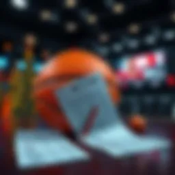 A basketball with betting slips and odds displayed on a table, symbolizing NBA betting analysis