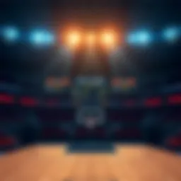 A basketball court with a scoreboard displaying teams and odds for upcoming games.