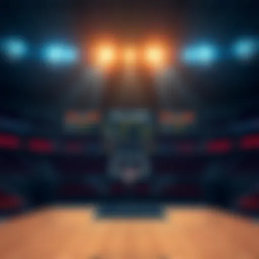 A basketball court with a scoreboard displaying teams and odds for upcoming games.