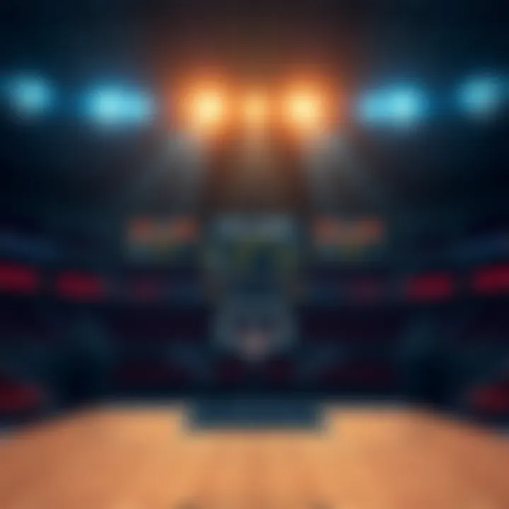 A basketball court with a scoreboard displaying teams and odds for upcoming games.