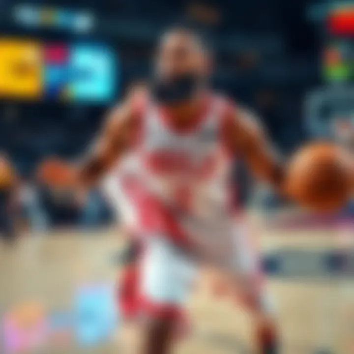 James Harden in action during an NBA game, showcasing his skills on the court