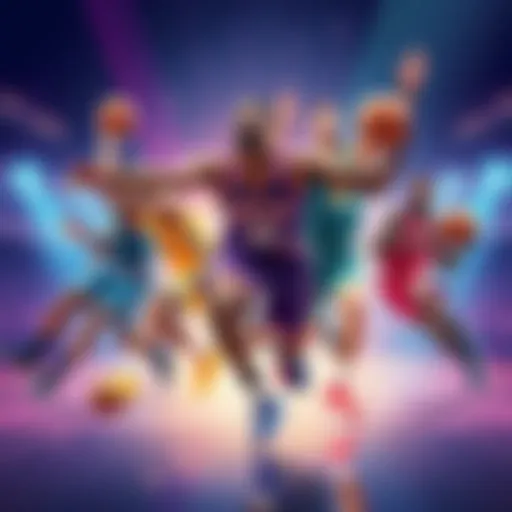 Illustration of basketball players in action with strategy charts for daily fantasy sports