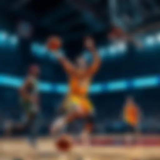 Exciting moment of an NBA game with players in action on the court.