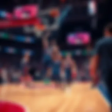 A basketball court with players in action during an NBA game, showing intense competition and audience excitement.