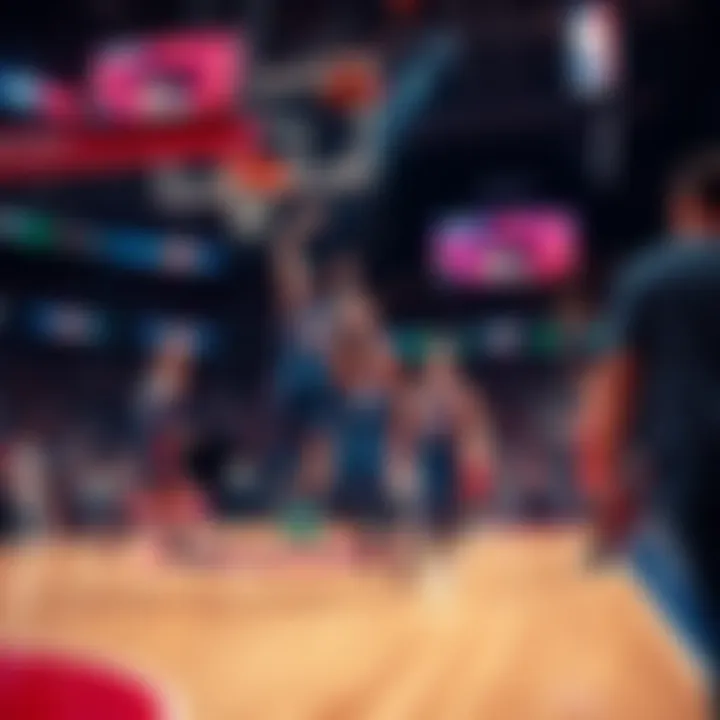 A basketball court with players in action during an NBA game, showing intense competition and audience excitement.