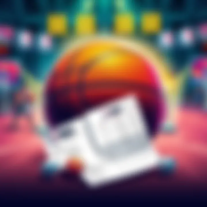 Illustration showing a basketball and betting slip with NBA logos and playoff atmosphere