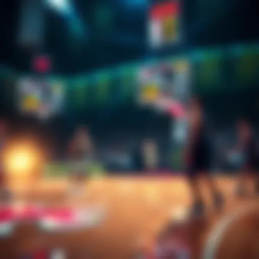 A basketball court with players and betting odds displayed