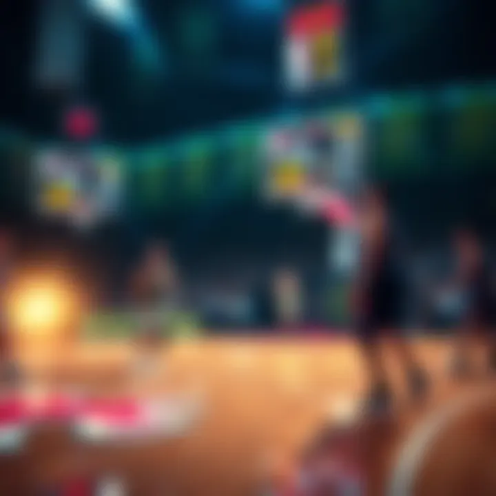 A basketball court with players and betting odds displayed