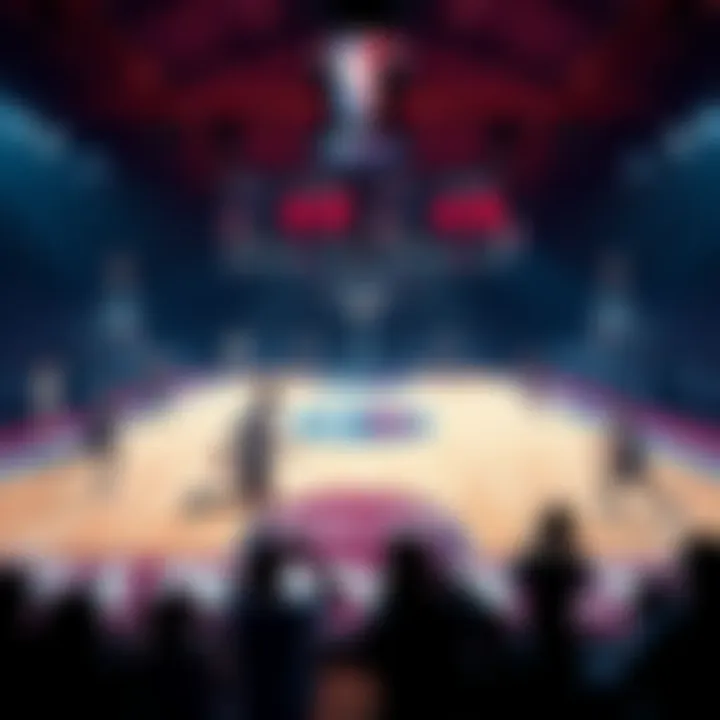 A basketball court with players in action and stats displayed on a screen