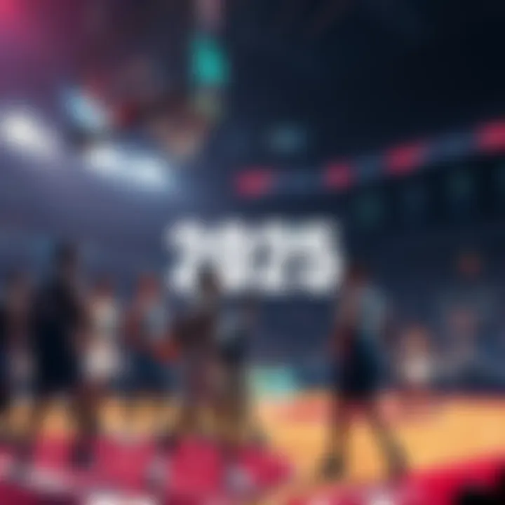 A basketball court filled with players in action during the NBA season, showcasing intense teamwork and competition.