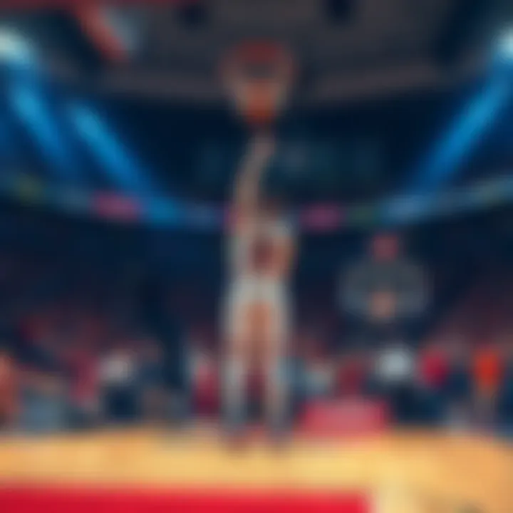 A basketball court scene showing a player taking a 3-point shot with fans cheering in the background.