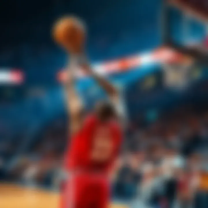 A basketball player making a shot during a game with fans cheering in the background, representing excitement in betting on NBA games.