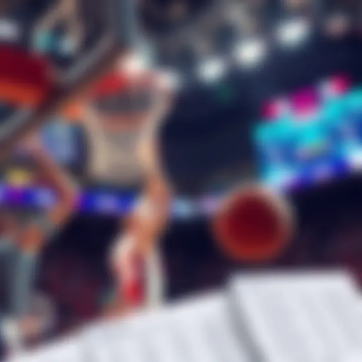 A basketball player shooting a ball into a hoop while betting slips and odds are visible in the foreground, symbolizing NBA betting opportunities.