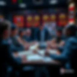 People discussing NBA player odds and futures at a table with charts and betting slips