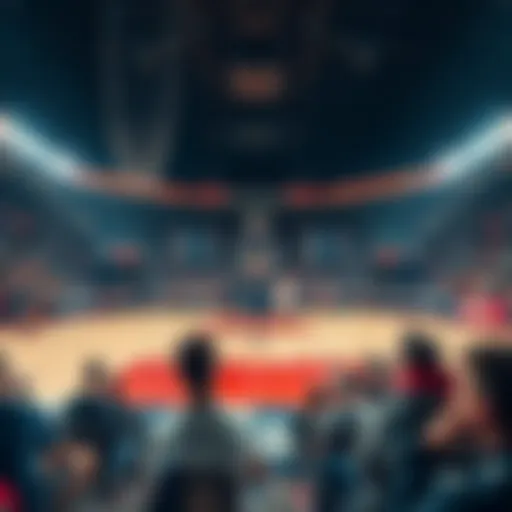 A basketball court with betting odds displayed and fans watching in anticipation of the Super Bowl