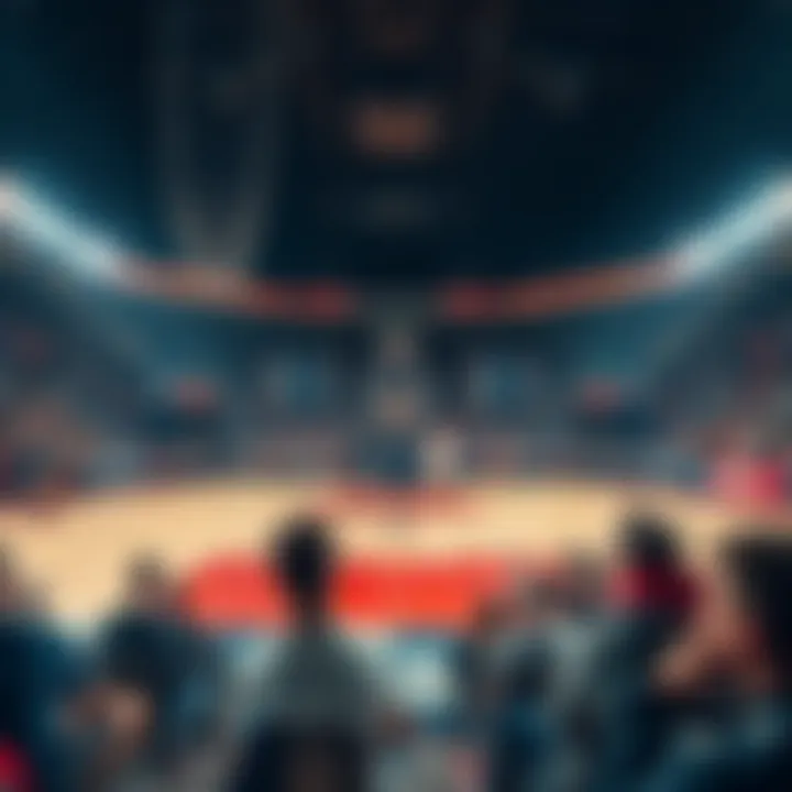 A basketball court with betting odds displayed and fans watching in anticipation of the Super Bowl