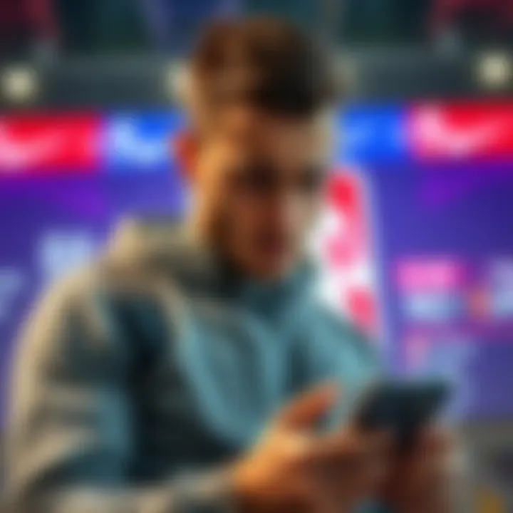 A person looking disappointed while checking sports betting statistics on a phone, with an NBA logo in the background