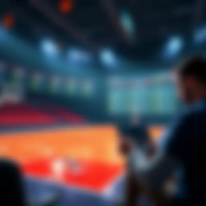 A basketball court with betting odds displayed, showing popular NBA teams, and a person studying statistics on a laptop.