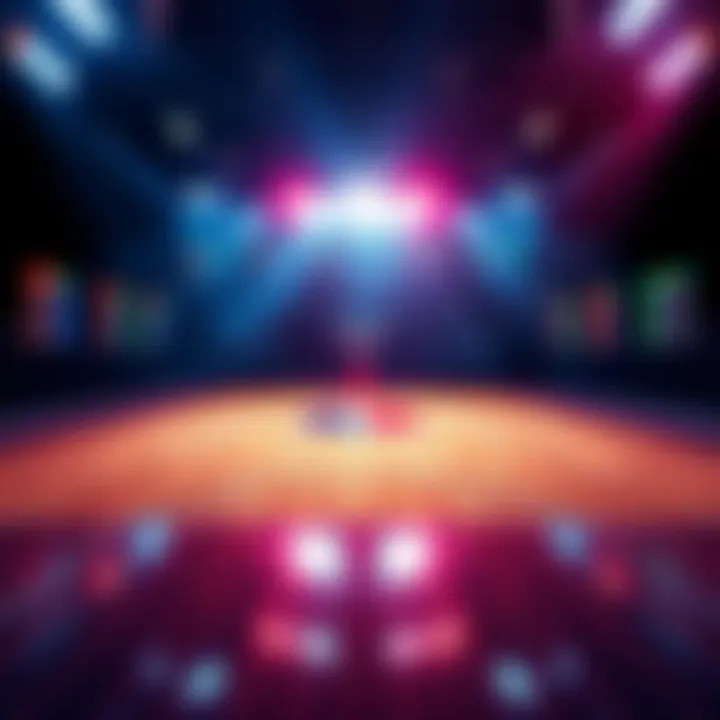 A basketball court with betting odds displayed, highlighting key player stats and strategies for July 4th NBA games.