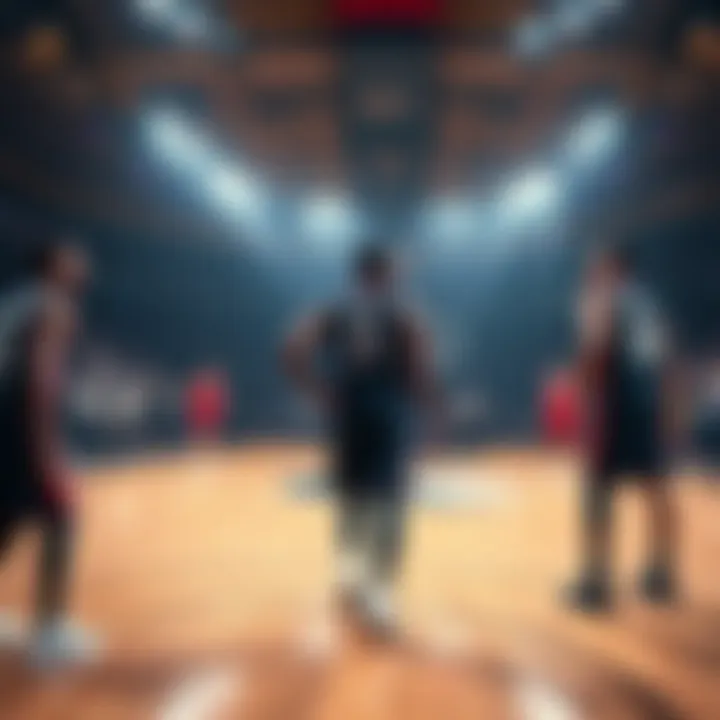 A basketball court with players in action, focusing on Collin Sexton, Barnes, and Zion preparing for a game.