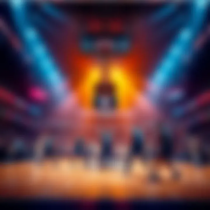 Basketball court with players in action, showcasing an intense game atmosphere