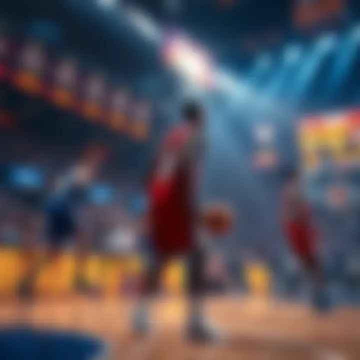 Basketball players on the court with betting odds displayed