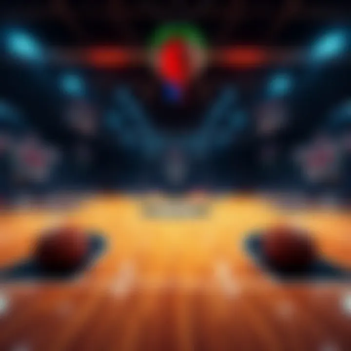 A basketball court with betting odds displayed and player statistics on a screen, highlighting NBA props for upcoming games.