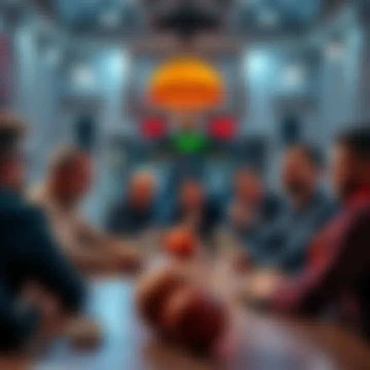 A group of people discussing NBA betting strategies at a table with basketball-themed decor.