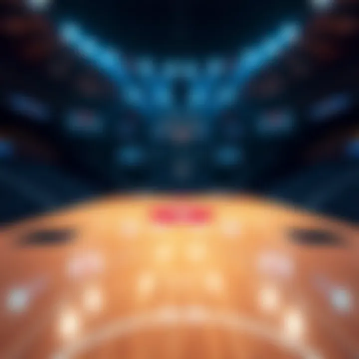 A basketball court with betting odds displayed on a screen, showing tips for wagering on NBA games.