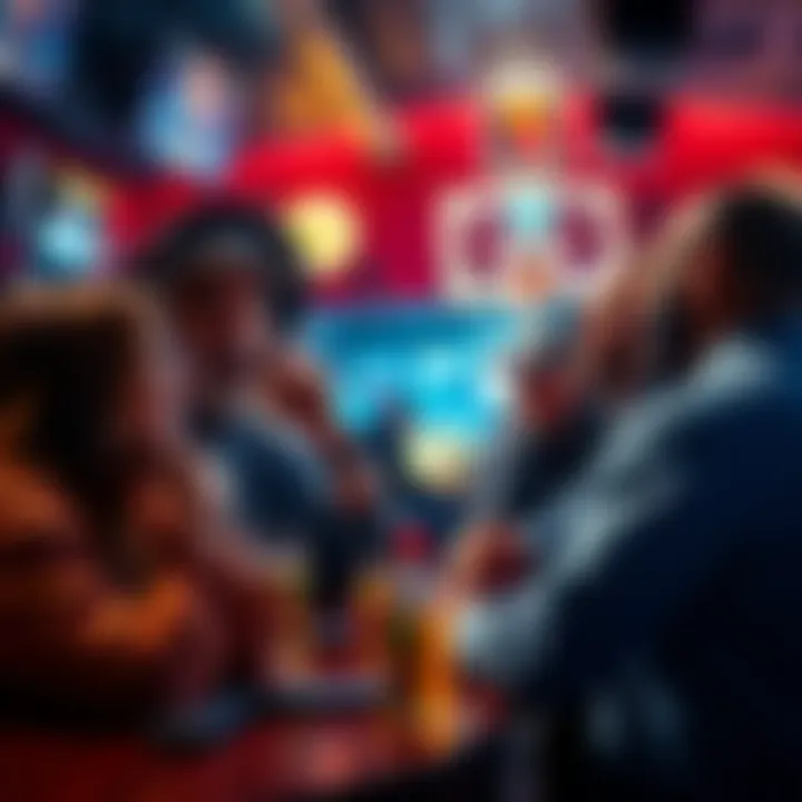 People discussing NBA betting strategies in a sports bar, showing excitement and concern for their bets.