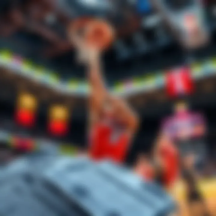 A basketball player making a shot while betting slips are visible in the foreground, illustrating NBA betting tips and strategies.