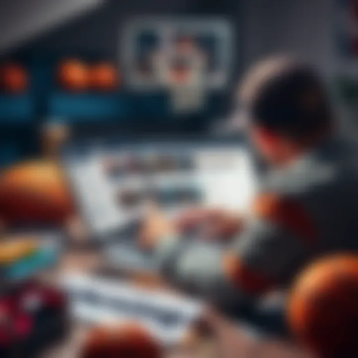 A person analyzing basketball game statistics and betting odds on a laptop, surrounded by basketball-related items.