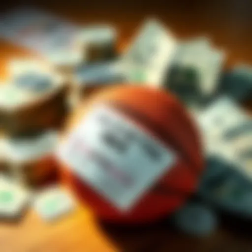 A basketball on a betting slip surrounded by money and game statistics