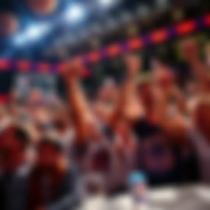 A celebration scene with fans cheering for NBA teams, highlighting a successful betting strategy while showing disappointment for NHL teams in the background.