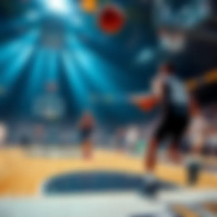 A basketball game scene with players on the court and betting odds displayed