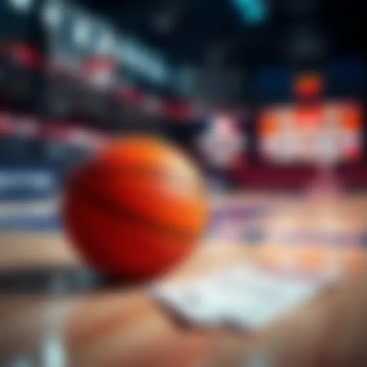 A basketball court with betting slips and a basketball on the floor