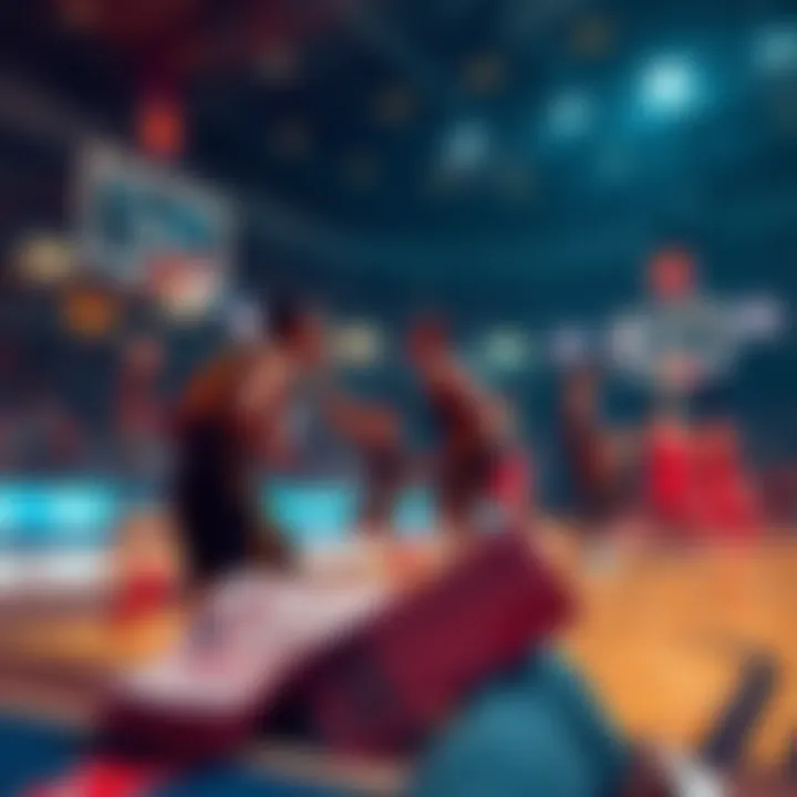 Basketball players on the court with betting slips in the foreground