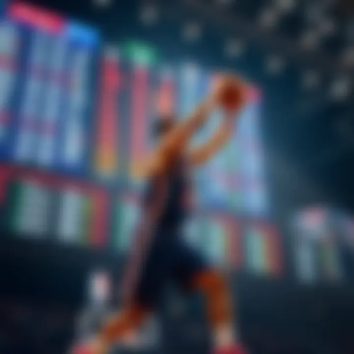 A basketball player in action with betting odds displayed on a screen in the background