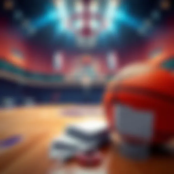 Basketball court with betting slips and a basketball
