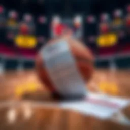 A basketball court with a betting slip and a basketball on it, symbolizing NBA prop betting tips.