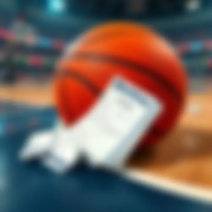 A basketball with betting slips laying on a court