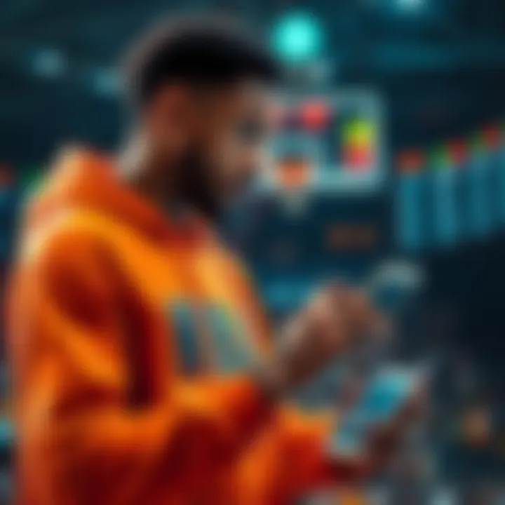A basketball player analyzing statistics and placing bets on a digital device