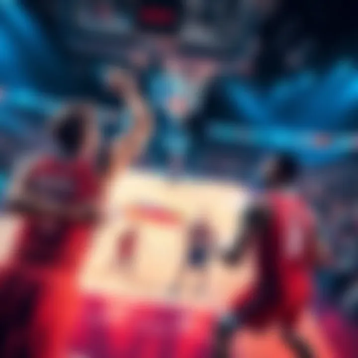 Basketball players in action during an NBA game with betting graphics overlay