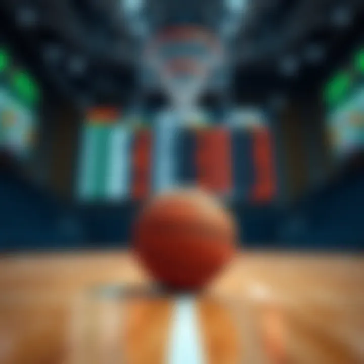 A basketball court with betting odds displayed on a screen and a basketball in the foreground