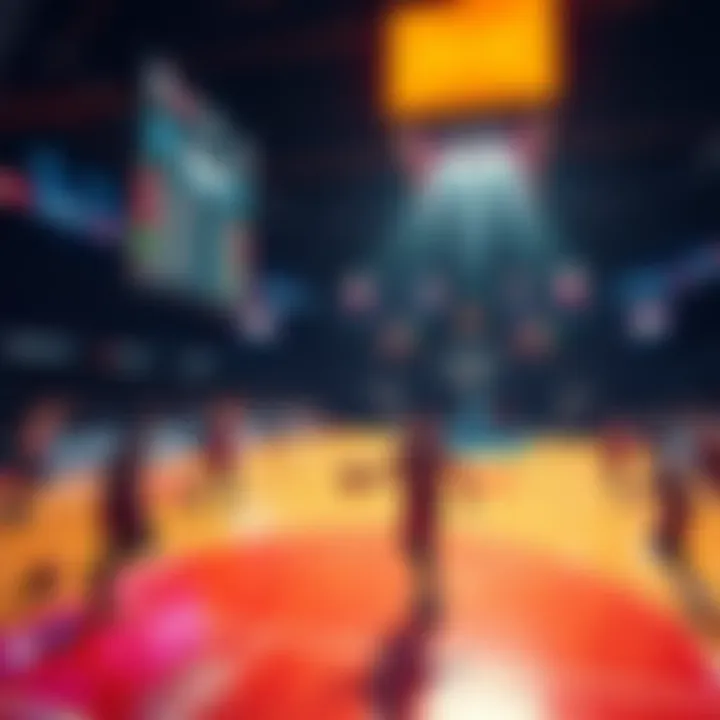 A basketball court with players in action and betting odds displayed on a screen