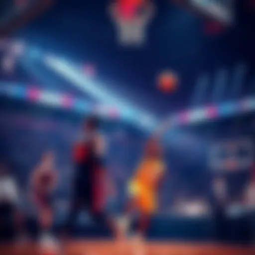 Basketball players in action during an NBA game with fans cheering in the background