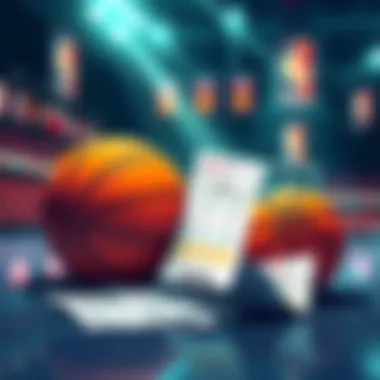 Illustration featuring basketballs, betting slips, and a background of basketball court
