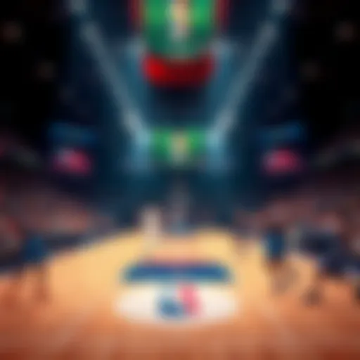 A basketball court with players in action, showing excitement during an NBA game