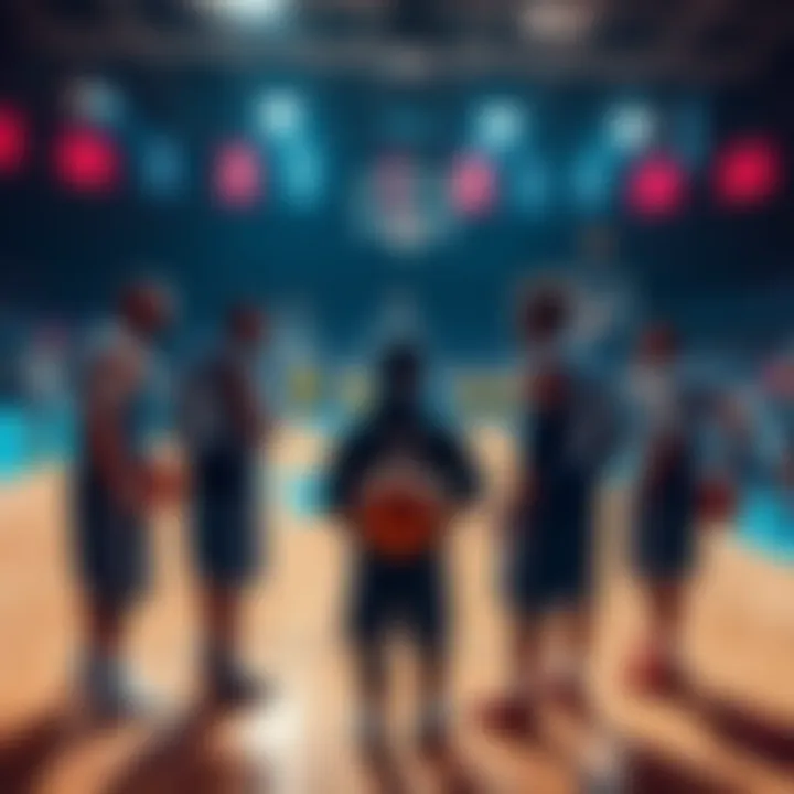 Basketball players discussing strategies on the court during a timeout